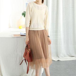 Set: Elbow-sleeve Knit Top + Sheer Midi Skirt