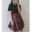 Set: Heart Embroidered Short Sleeve T-shirt + Plaid Flared Skirt
