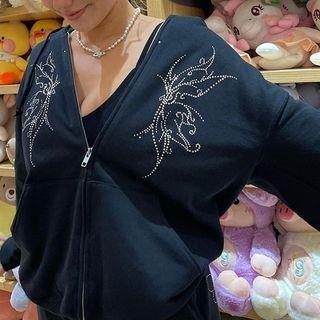 Long Sleeve Butterfly Rhinestone Zip-up Jacket
