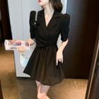 Puff-sleeve Shirred Rhinestone Blazer Dress