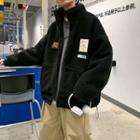 Long-sleeve Faux Shearling Applique Zipped Hooded Jacket