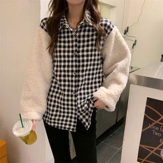 Faux Shearling Panel Plaid Shirt / Button-up Vest