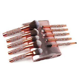 Set Of 10: Embellished Handle Makeup Brush 10 Piece - Large - Rhinestone - Gold - One Size