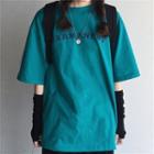 Lettering Elbow-sleeve T-shirt Aqua Green - One Size