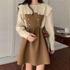 Long-sleeve Scalloped Collar Blouse / Mini A-line Overall Dress