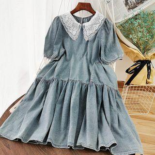 Lace Collar Denim A-line Midi Dress