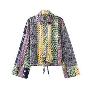 Color Block Floral Tie-hem Blouse