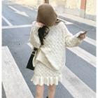 Set: Cable-knit Loose-fit Sweater + Skirt Almond - One Size