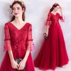 V-neck Applique A-line Evening Gown