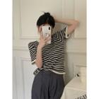 Short-sleeve Crew Neck Striped Knit Top Stripes - Black & Almond - One Size