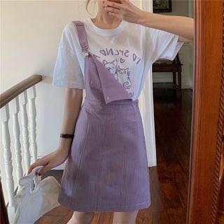 Cat Print Short-sleeve T-shirt / Mini A-line Pinafore Dress