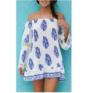 Off-shoulder Paneled Printed Tunic