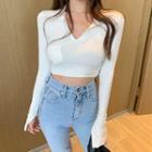 Long-sleeve Cropped Polo Shirt White - One Size