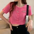 Short-sleeve Letter Embroidered Button-up T-shirt