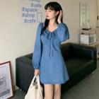V Neck Denim Bow Puff-sleeve Dress As Shown In Figure - One Size