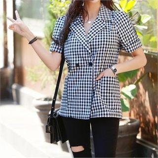 Puff-shoulder Double-breasted Gingham Blazer