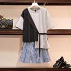 Short-sleeve Striped Panel T-shirt / Mini Denim Skirt / Set
