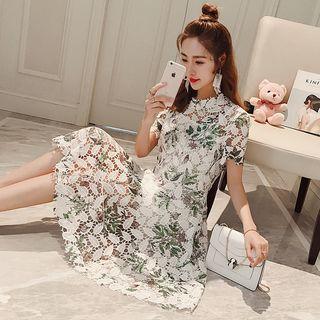 Set: Short-sleeve Crochet Lace Dress + Spaghetti Strap Dress