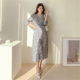 Wrap-front Long Floral Dress Navy Blue - One Size