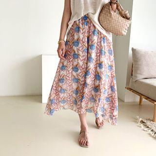 Asymmetric Floral Maxi Full Skirt White - One Size