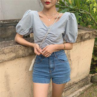 Puff-sleeve Ruched Crop Top