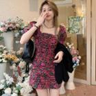 Puff-sleeve Square Neck Floral Shirred Dress