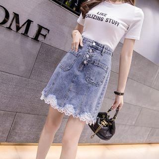 Lace Trim Mini A-line Denim Skirt