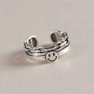 925 Sterling Silver Smiley Chain Layered Open Ring Silver - One Size