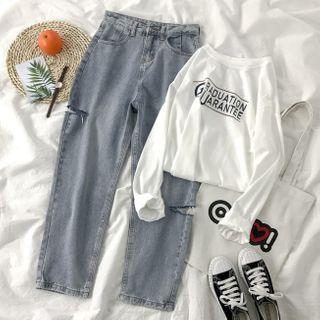 Lettering Long-sleeve T-shirt / Distressed Cropped Straight-fit Jeans