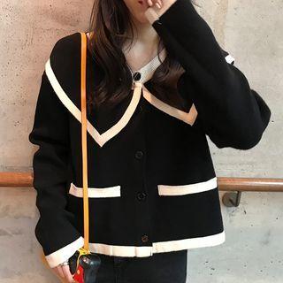 Contrast Trim Collared Cardigan Black - One Size