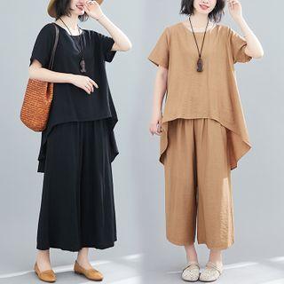Set: Short-sleeve Irregular Hem T-shirt + Wide-leg Pants