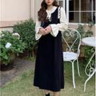 Long-sleeve Mock Two-piece Knit Midi Dress Black - One Size