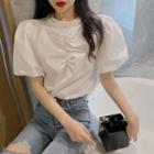 Pearl-neckline Puff-sleeve Loose Blouse White - One Size