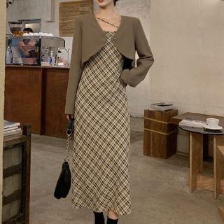 Set: Spaghetti Strap Plaid Midi A-line Dress + Blazer
