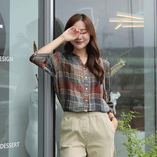 Dip-back Checked Linen Blouse