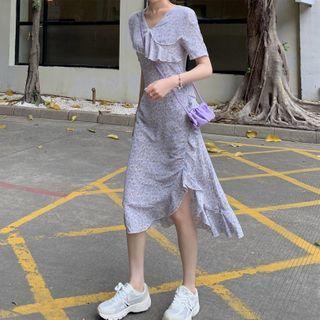 Short-sleeve Floral Frill Trim Dress