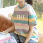 Short-sleeve Rainbow Stripe T-shirt Stripe - Yellow & Purple & Green - One Size