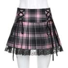 Plaid Lace-up Lace Trim Mini A-line Skirt