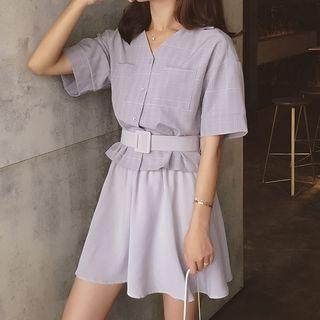 Set: Check Short-sleeve Shirt + A-line Skirt