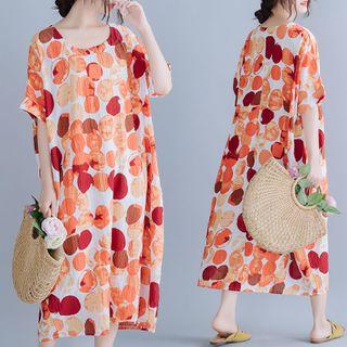 Dotted Print Short-sleeve Dress Tangerine - F