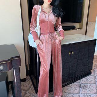 Velvet Hooded Zip Jacket / Wide-leg Pants