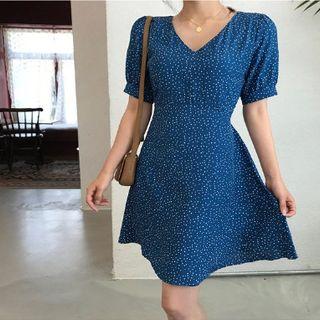 V-neck Dotted A-line Dress