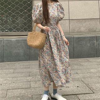 Balloon-sleeve Floral Print A-line Midi Dress Floral - Purplish Pink - One Size