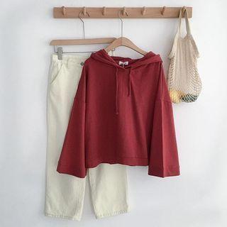 Long-sleeve Plain Hooded Pullover / High-waist Jeans