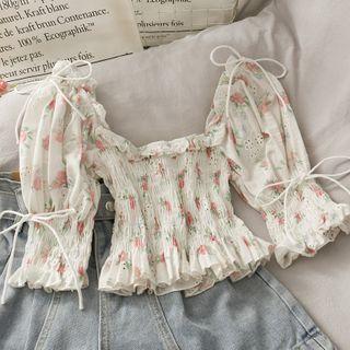Eyelet Boatneck Smocked Crop Top White - One Size