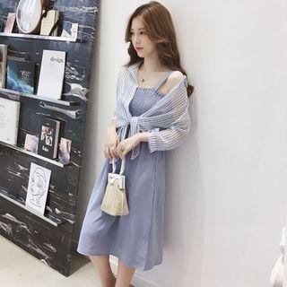 Set: Sleeveless A-line Midi Dress + Light Shirt