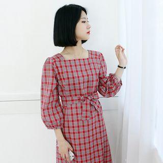 Petite Size - Balloon-sleeve Plaid Long Dress