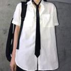Tie-neck Elbow-sleeve Shirt White - One Size