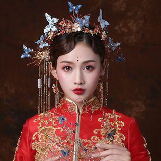 Wedding Set: Butterfly Branches Tiara + Hair Stick + Fringed Earring As Shown In Figure - One Size