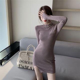 Long-sleeve Mock-neck Knit Mini Bodycon Dress